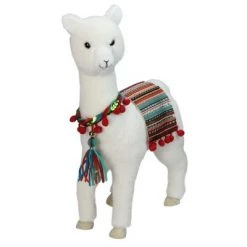 Northlight 14" White Plush Bohemian Standing Llama Christmas Figure with Pom Poms